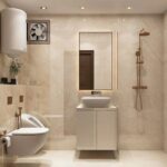 Beige Modern Small Bathroom Design Idea With Wall-Mounted Vanity | Livspace