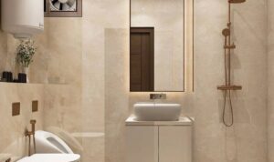 Beige Modern Small Bathroom Design Idea With Wall-Mounted Vanity | Livspace