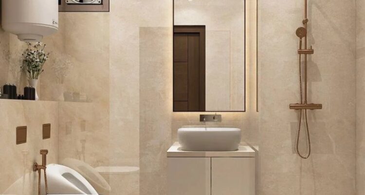 Beige Modern Small Bathroom Design Idea With Wall-Mounted Vanity | Livspace