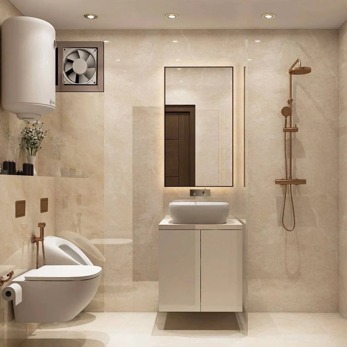 Beige Modern Small Bathroom Design Idea With Wall-Mounted Vanity | Livspace Beige Modern Small Bathroom Design Idea With Wall-Mounted Vanity | Livspace